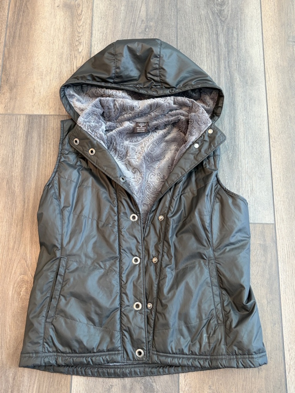 REI Quilted Hooded Vest with Gray Faux-Fur Lining